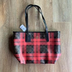 COACH Zip Top Tote in Signature Canvas Plaid Print
